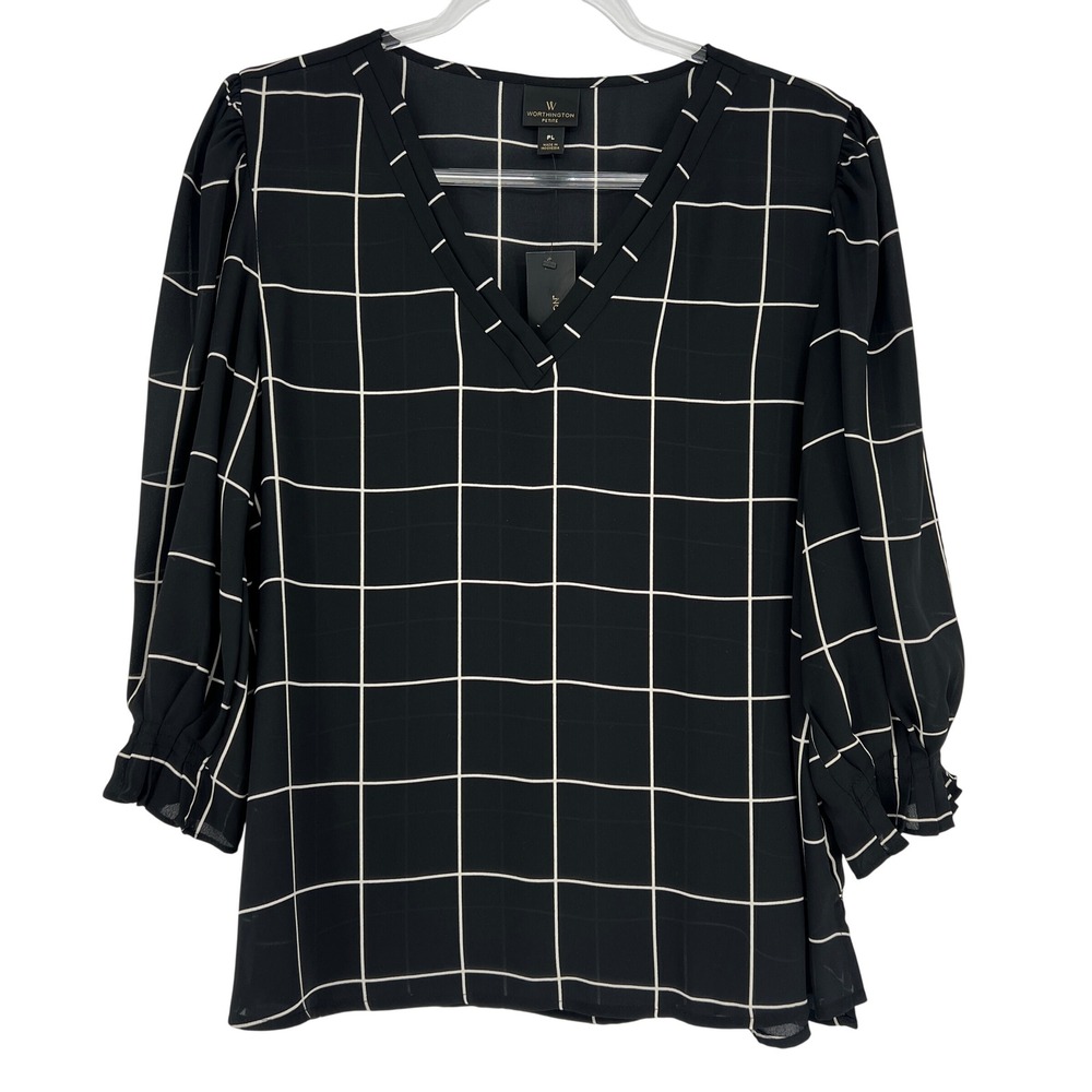 Worthington Blouse Womens Petite L Black Windowpane Delia Geo V-Neck Office Work